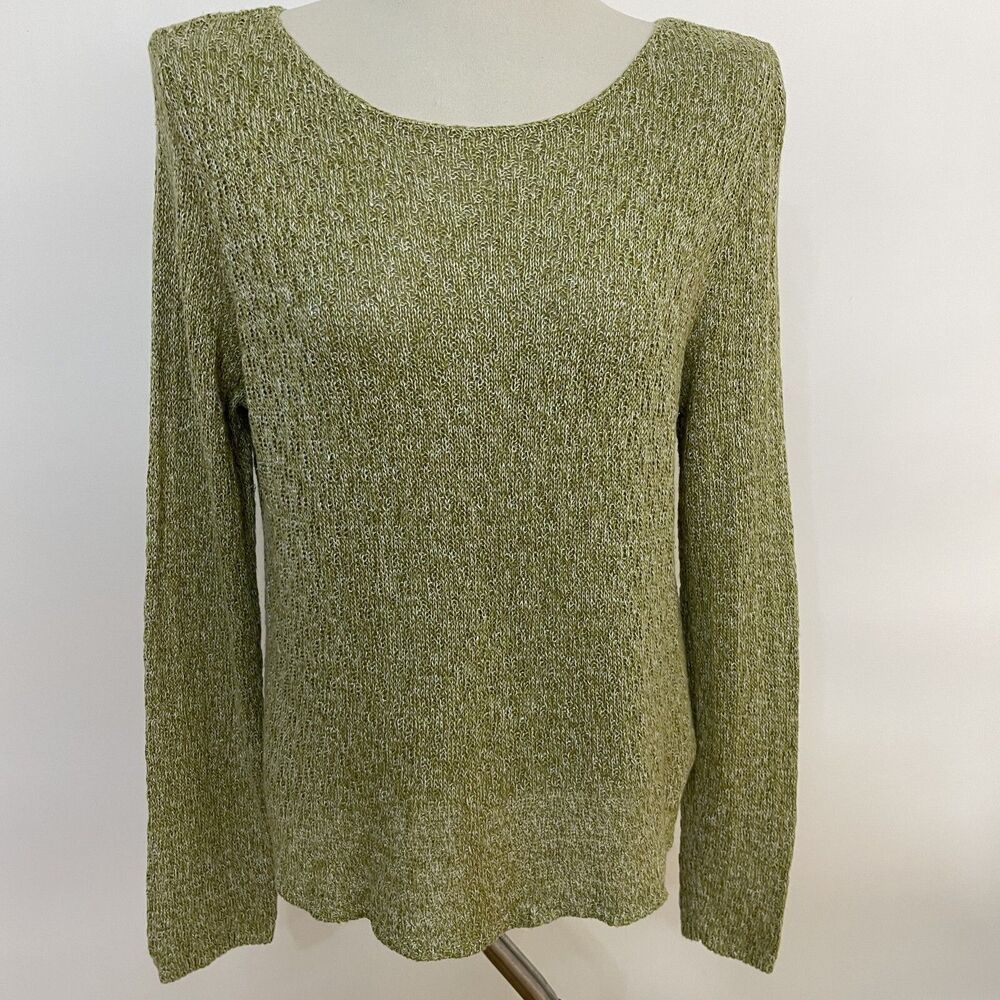 Eileen Fisher Women's Sweater Large Green White 100% Linen